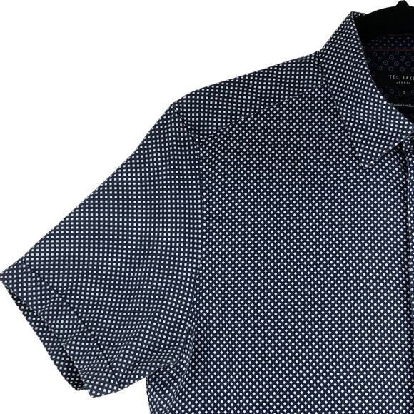 Ted Baker Shirt Mens M Navy Geometric Short Sleeve Button Up Cotton Stretch - Picture 6 of 15